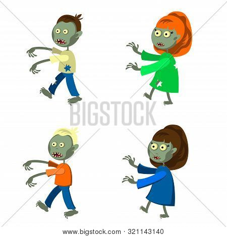 Set Of A Zombies Isolated On White Background. Zombie Men And Women In Cartoon Style. Vector Illustr