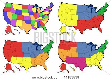 four versions of regional map of United States