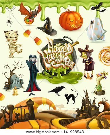 Halloween 3d vector icons. Pumpkin, ghost, spider, witch, vampire, zombie, grave, candy corn. Set of cartoon characters and objects, greetings text Happy Halloween for invitation cards and posters