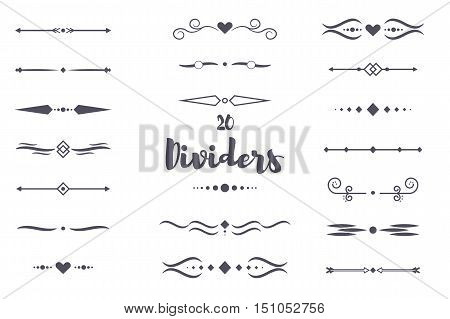 Collection of vector dividers calligraphic style. Vector dividers border frame design decorative illustration element. Set page decoration retro vintage ornament vector dividers calligraphy pattern.