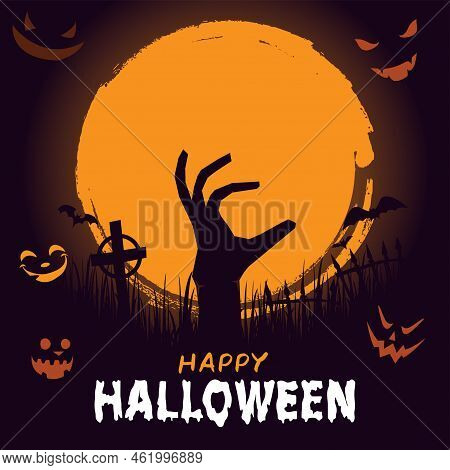 Happy Halloween Background With Full Moon And Zombie Hand. Halloween Background With Zombies And The