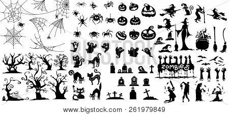 Collection Of Halloween Silhouettes Icon And Character., Witch, Wizard Attributes, Creepy And Spooky