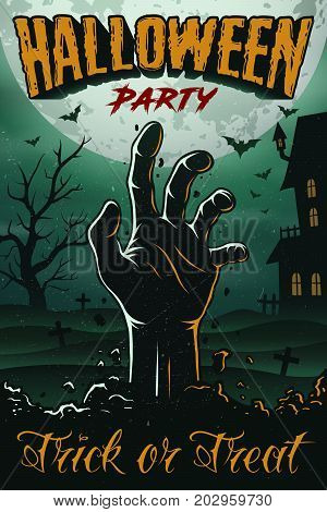 Halloween party poster with zombie s hand, house, tree and bats. foggy graveyard landscape at night.