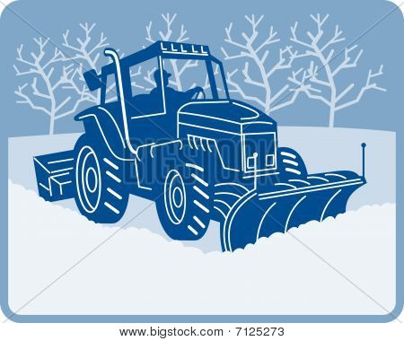 Snow plow tractor plowing winter scene