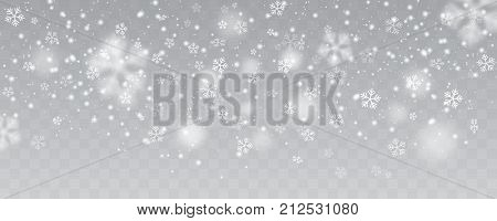 Vector heavy snowfall snowflakes in different shapes and forms. Many white cold flake elements on transparent background. White snowflakes flying in the air. Snow flakes, snow background. Blurred snow and flakes.