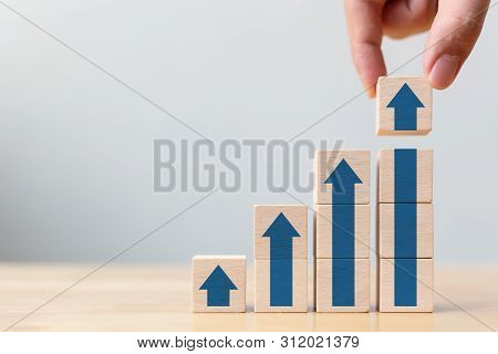 Ladder Career Path For Business Growth Success Process Concept.hand Arranging Wood Block Stacking As