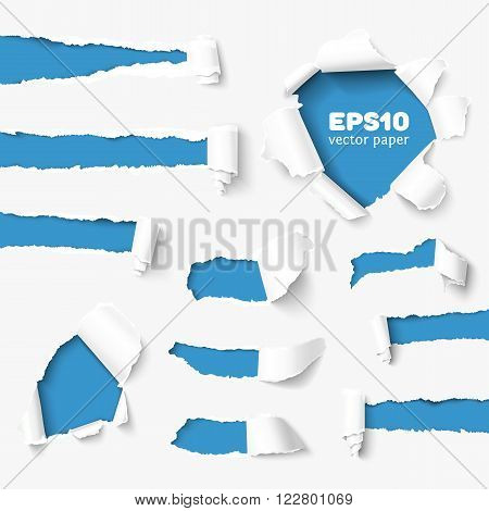 Set of holes in white paper with torn sides over paper background with space for text. Realistic vector torn paper with ripped edges. Torn paper banner for web and print. Torn paper template. Damaged torn paper for design.