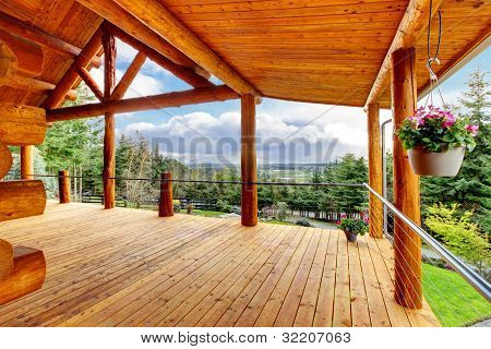 Beautiful View Of The Log Cabin House Porch.