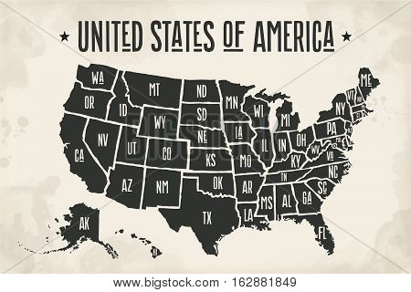 Poster map of United States of America with state names. Black and white print map of USA for t-shirt, poster or geographic themes. Hand-drawn font and black map with states. Vector Illustration