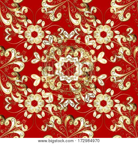 Luxury Furniture. Pattern On Red Background With Golden Elements. Patina. Furniture In Classic Style