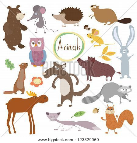 Wild and forest vector animals in white background. Animals set. Cartoon animals characters illustration. Funny Animals. Isolated animals. Differet vector animals. Animals colletion. Forest animals. Cute animals.