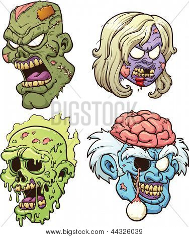 Cartoon zombie heads. Vector clip art illustration with simple gradients. Each in a separate layer.