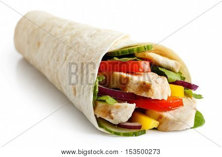 Grilled Chicken And Salad Tortilla Wrap Isolated On White. No Sauce.