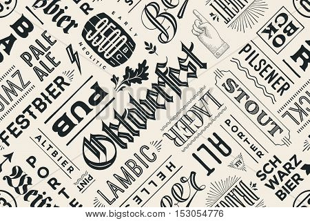 Seamless black and white pattern with types of beer and hand drawn lettering for Oktoberfest Beer Festival. Vintage drawing for placemat, bar menu, t-shirt print and beer themes. Vector Illustration