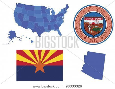 Vector Illustration of state Arizona, contains:
High detailed mapof USA
High detailed flag of state Arizona
High detailed great seal of state Arizona
Arizona state, shape