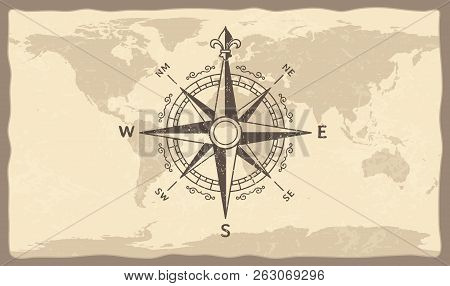 Antique Compass On World Map. Vintage Geographic History Maps With Marine Compasses Arrows Vector Il