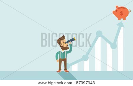 A man standing using telescope to see the graph and piggy bank is on the top of the arrow, it is a sign of progress a business sales is going up. Growing business concept. A contemporary style with