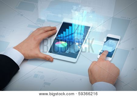 business, internet and technology concept - close up of businessman hands working with table pc and smartphone