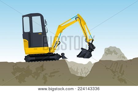 Yellow excavator is digging hole. Bagger is excavating, ground works. Construction machinery in action. Construction machine works on foundation. Flatten banner, illustration master vector.