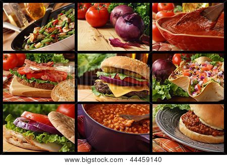 Kleurrijke voedsel collage omvat veggie roerbak, cheeseburger, taco salade, blt sandwich, Turkije sandw