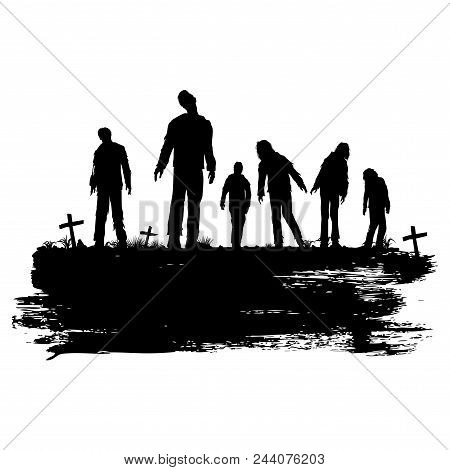 Halloween Poster, Silhouette Of Zombies Walking At Graveyard, Vector Illustration