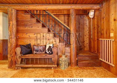 Rustic Log Cabin Stairace And Bench Details.