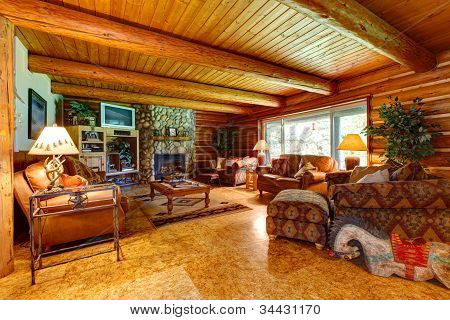 Log Cabin Living Room Interior.