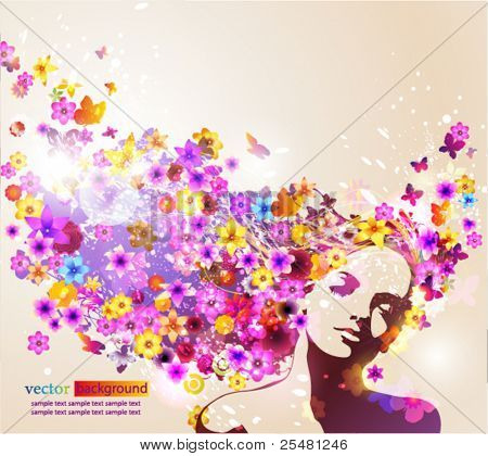 Portrait of beautiful young woman in sensual state covered with flowers. Vector Illustration. Eps10.