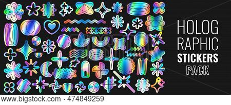 Set Of Holographic Retro Futuristic Stickers. Vector Illustration With Iridescent Foil Adhesive Film