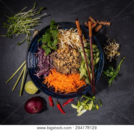 Top view composition of Bun bo nam bo vietnamese food in bowl