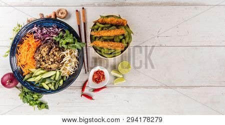 Top view composition of Bun bo nam bo vietnamese food in bowl, free space for text