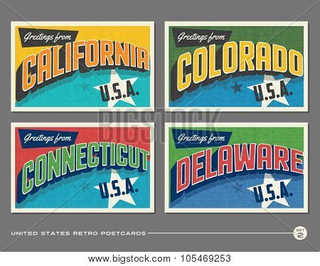 United States vintage typography postcards. California, Colorado, Connecticut, Delaware