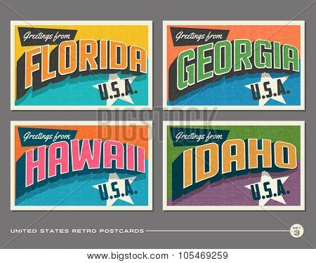 United States vintage typography postcards. Florida, Georgia, Hawaii, Idaho