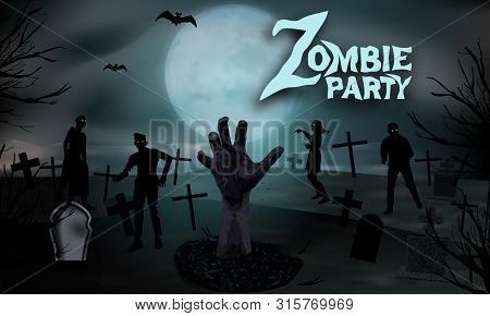 Zombie In The Cemetery. Zombie Hand Rising Out From The Ground At The Graveyard With Tombstones And 