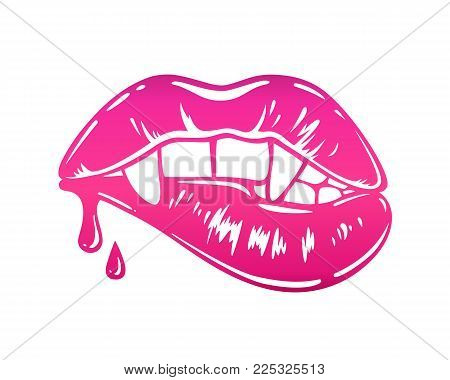 Vampire's mouth with fangs and drops of blood. Sexy female lips. Vector illustration on white background. Great sticker for Halloween. Element for design.