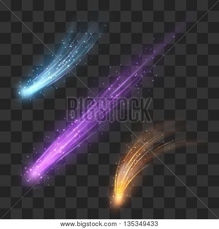 Color vector meteor and comet on transparent plaid background. Meteor in space falling and illustration glitter shiny comet or meteor