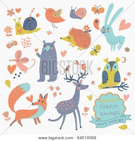 Vector set of cute wild animals in the forest: fox, bear, hedgehog, rabbit, snail, deer, owl, bird, mouse. Vintage set in cute colors