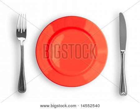 Knife, Red Plate And Fork Isolated