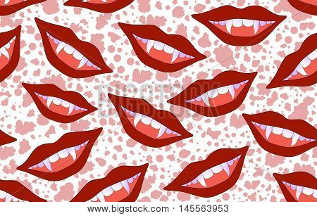 Halloween vector seamless pattern with smiling vampire lips and sticking out fangs