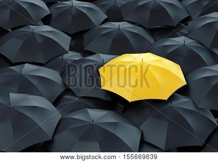 Unique yellow umbrella among many dark ones. Standing out from crowd individuality and difference concept.