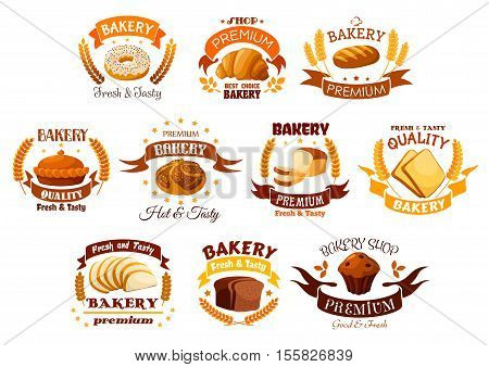 Bakery shop signs of bread, pastry dessert icons. Vector isolated symbols of donut, croissant, wheat bread bagel, meat and sweet pie, rye bread loaf, chocolate muffin. Ribbon, star for bakery, pastry, patisserie