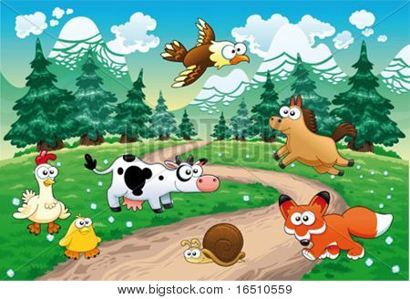 Family of animals with background. Funny cartoon and vector illustration