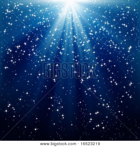 Snow and stars are falling on the background of blue luminous rays.