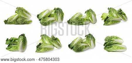 Collage With Fresh Chinese Cabbages On White Background