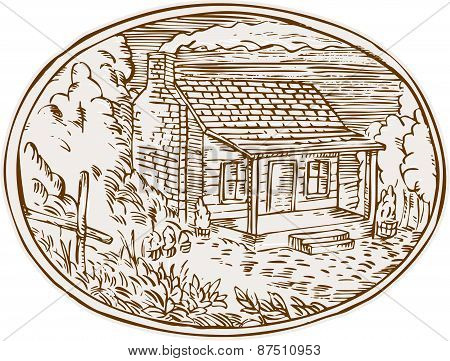 Log Cabin Farm House Oval Etching