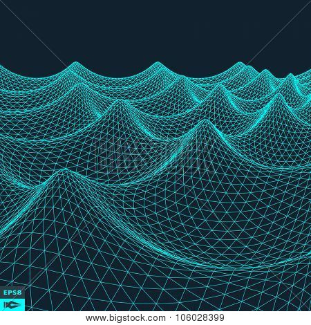 Water Surface. Wavy Grid Background. 3d Abstract Vector Illustration. 