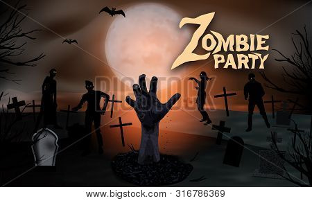 Zombie In The Cemetery. Zombie Hand Rising From The Grave At The Graveyard With Tombstones And Moon 