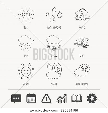 Weather, Sun And Rain Icons. Moon Night, Clouds And Mist Linear Signs. Wind, Cloudy Day And Water Dr