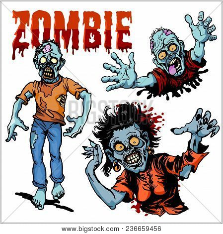 Zombie Comic Set - Cartoon Zombie. Set Of Color Drawings Of Zombies.