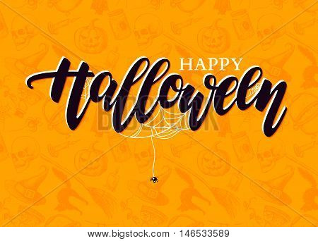 Happy Halloween vector lettering with detailed engraving background. Pumpkin witch hat skull cat elements. Holiday calligraphy for banner poster greeting card party invitation. 